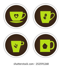 Set of cup icons: four light green cups on chocolate background.