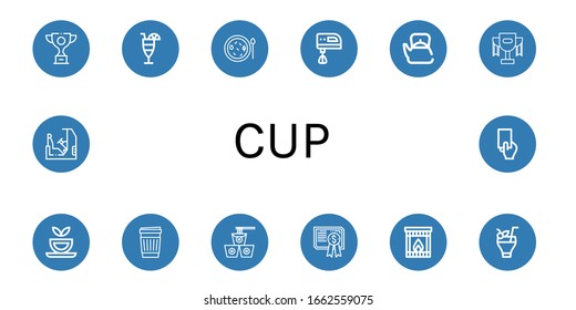 Set of cup icons. Such as Trophy, Cocktail, Soup, Electric mixer, Teapot, Herbal tea, Paper cup, Noodles, Certificate, Fireplace, Racing, Red card , cup icons