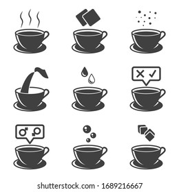 Set Of Cup Icons With Tea Or Coffee. Various Options For Joint Consumption And Dessert Options To Them. Cookies, Creams, Ingredients, And More. Isolated Vector On A White Background.