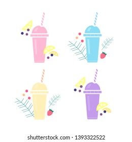 Set of cup with lid smoothies, fresh fruits juices and cocktails. Summer milkshake. 