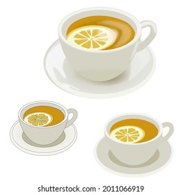 Set of the cup mag of black red green tea with slice of lemon with and without a stroke with shadows on saucer