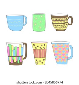 Set of cup and mug handdrawn design. Colorfull cup, glass for tea, coffee, water any drinks. Vector illustration isolated on white back