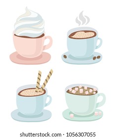 Set of a cup with saucer of hot coffee or chocolate with whipped cream, drawing of heart, wafer, small marshmallow, cookies. Steam over hot coffee, coffee beans. Vector Flat illustration on white 