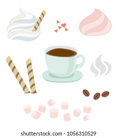 Set of a cup with saucer of hot coffee or chocolate with whipped cream, wafer, small marshmallow, cookies. Steam, coffee beans, meringues. Vector isolated Flat illustration on white 