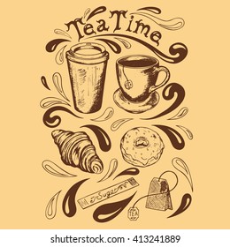 set of cup and saucer, cup of takeaway coffee, tea bag, croissant, donut with icing sugar and a bag of tea time lettering in a retro style