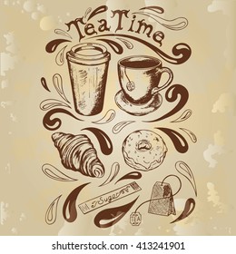 set of cup and saucer, cup of takeaway coffee, tea bag, croissant, donut with icing sugar and a bag of tea time lettering in a retro style