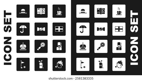 Set Cup of tea with tea bag, Bow tie, Umbrella, Elegant women hat, Flag England, Pound sterling money, British soldier and crown icon. Vector