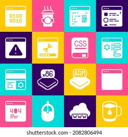 Set Cup of tea with tea bag, Browser window, setting, Software, Loading data, exclamation mark, Binary code and Books about programming icon. Vector
