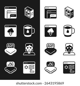 Set Cup de chá com saco de chá, transferência de dados de tecnologia Cloud, Software, Computador, Processador, Hacker codificador, Configuração do navegador e microcircuitos ícone da CPU. Vetor