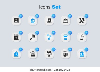 Set Cup of tea with bag, Coffee filter holder, Espresso tonic coffee, Bag beans, Electric kettle, Tea, book and  icon. Vector