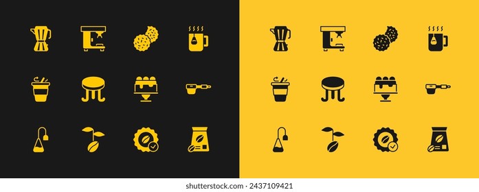 Set Cup of tea with bag, Coffee beans, Cake, Medal for coffee, table, Cookie biscuit, maker moca pot and machine icon. Vector