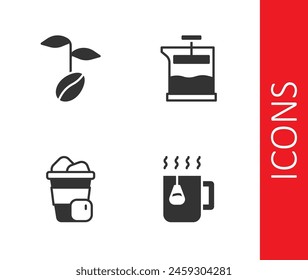 Set Cup of tea with bag, Coffee beans, Iced coffee and French press icon. Vector