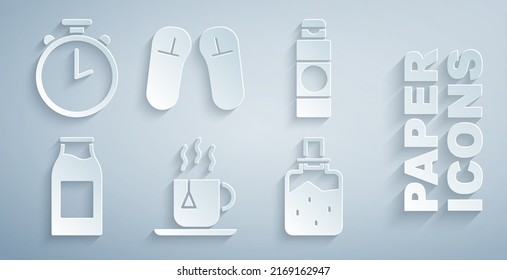 Set Cup of tea with tea bag, Cream or lotion cosmetic tube, Bottle milk, Spa salt, Slipper and Stopwatch icon. Vector