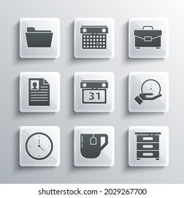 Set Cup Of Tea With Tea Bag, Drawer Documents, Clock, Calendar, Resume, Document Folder And Briefcase Icon. Vector