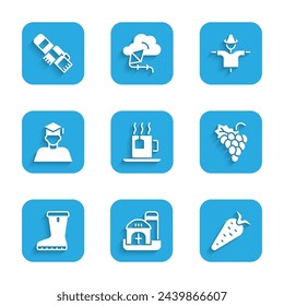 Set Cup of tea with tea bag, Farm house, Carrot, Grape fruit, Waterproof rubber boot, Graduate and graduation cap, Scarecrow and Winter scarf icon. Vector
