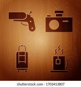 Set Cup of tea with tea bag, Flare gun pistol, Suitcase and Photo camera on wooden background. Vector