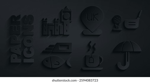 Set Cup of tea with tea bag, Golf club ball on tee, Fish and chips, Umbrella, Location England and Big Ben tower icon. Vector