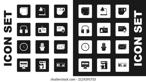 Set Cup of tea with tea bag, Identification badge, Headphones, Post note stickers, Certificate template, Table lamp, Envelope and Clock icon. Vector