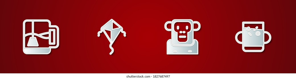 Set Cup of tea with tea bag, Kite, Monkey and and leaf icon. Vector.