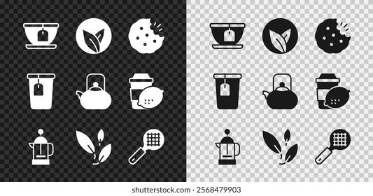 Set Cup with tea bag, Tea leaf, Cookie or biscuit, French press, strainer handle,  and Kettle icon. Vector