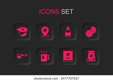 Set Cup of tea with bag, Location coffee bean, Pour over maker, Coffee book, Cookie or biscuit, Bag beans, Milk bottle and filter holder icon. Vector
