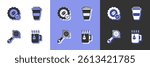 Set Cup of tea with bag, Medal for coffee, Coffee filter holder and cup to go icon. Vector