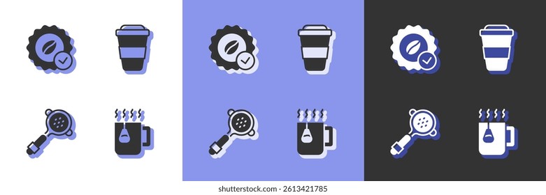 Set Cup of tea with bag, Medal for coffee, Coffee filter holder and cup to go icon. Vector