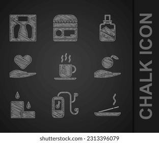 Set Cup of tea with tea bag, Music player, Scented spa stick, Apple in hand, Burning candle, Heart on, Spa salt and Bathroom scales icon. Vector