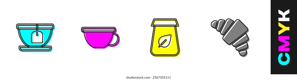 Set Cup with tea bag, of, Tea packaging and Croissant icon. Vector