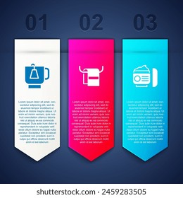 Set Taza de té con bolso de té, toalla en la percha y crema o loción tubo cosmético. Plantilla de infografía de negocios. Vector