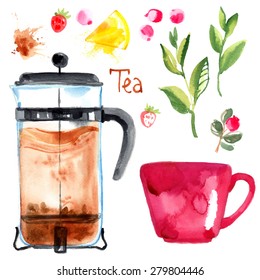 Set cup of tea and berries, a drink made from herbs, strawberries and tea. Coffee press. Drawing watercolor