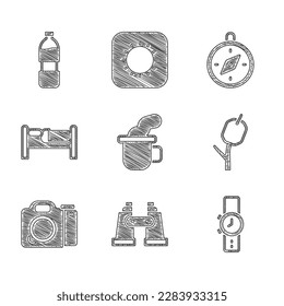 Set Cup of tea, Binoculars, Wrist watch, Marshmallow on stick, Photo camera, Bed, Compass and Bottle water icon. Vector