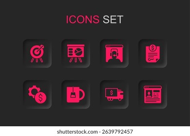 Set Cup of tea, Board with graph, Target financial goal, Armored truck, Contract money, Resume, Telephone 24 hours support and Gear dollar symbol icon. Vector