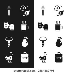 Set Cup of tea, Christmas mitten, Honey dipper stick, Leaf, Mushroom, Pear, School backpack and Dove icon. Vector