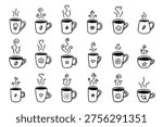 Set of cup of tea or coffee with rising steam Simple mug clipart Cozy home doodle Single element for print, web, design, decor