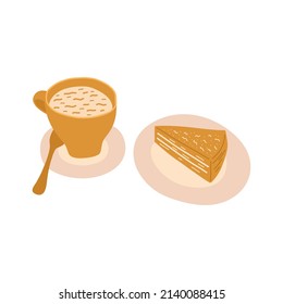 Set of a cup of tea or coffee with a saucer and a piece of cake on a plate. Snack or dessert. Cafe or restaurant. Hot drink. Colorful vector isolated illustration hand drawn