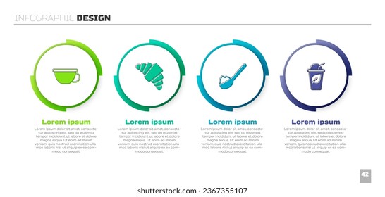 Set Cup of tea, Croissant, Spoon with sugar and leaf. Business infographic template. Vector