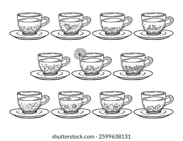 Set of cup of tea with healthy tea. Hand drawn vector illustration.