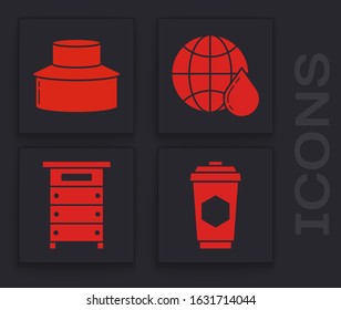 Set Cup of tea with honey, Beekeeper with protect hat, Honeycomb map of the world and Hive for bees icon. Vector