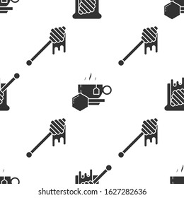 Set Cup of tea with honey and Honey dipper stick with dripping honey on seamless pattern. Vector