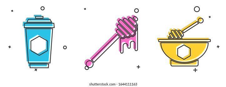 Set Cup of Tee mit Honig, Honig Dipper-Stick mit tropfendem Honig und Honig-Töpfchen und Schüssel Symbol. Vektorillustration