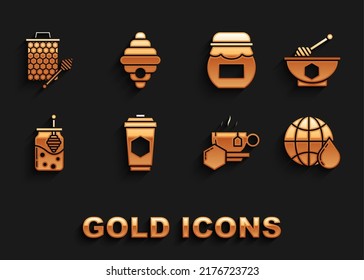 Set Cup de té con miel, Adagio de miel y tazón, Mapa de Honeycomb del mundo, Jar, icono de pegamento y Hive para abejas. Vector