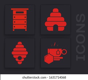 Set Cup of tea with honey, Hive for bees, Hive for bees and Hive for bees icon. Vector