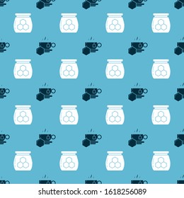 Set Cup of tea with honey and Jar of honey on seamless pattern. Vector