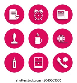 Set Cup of tea and leaf, Archive papers drawer, Telephone handset speech bubble chat, Scotch, Marker pen, Stamp, News and Document with minus icon. Vector