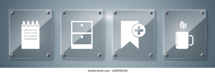 Set Cup of tea and leaf, Bookmark, Archive papers drawer and Notebook. Square glass panels. Vector