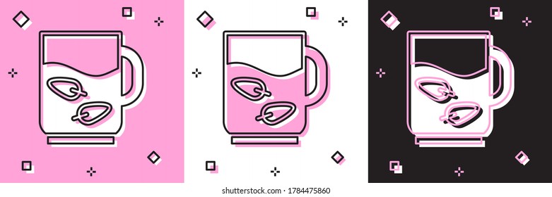 Set Cup of tea and leaf icon isolated on pink and white, black background. Vector