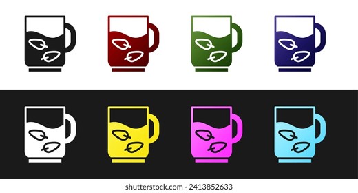 Set Cup of tea and leaf icon isolated on black and white background.  Vector
