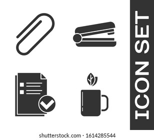 Set Cup of tea and leaf, Paper clip, Document and check mark and Office stapler icon. Vector