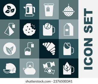 Set Cup of tea with leaf, rose, Paper package for milk, bag, Cookie biscuit, Tea,  and time icon. Vector